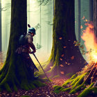 Knight in armor by fire in misty forest with sunlight piercing through trees