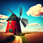 Red windmill with large sails in golden field under blue sky