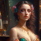 Young woman with flowers in hair at opulent event with champagne flutes.