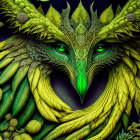 Detailed illustration of mystical bird-like creature with green plumage and ornate leafy designs