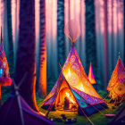 Colorful Teepees Illuminated in Forest Setting