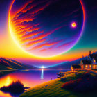 Vibrant digital artwork: Glowing crescent moon over lakeside landscape