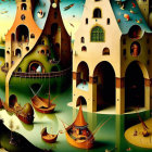 Whimsical buildings and musical instrument boats in serene landscape