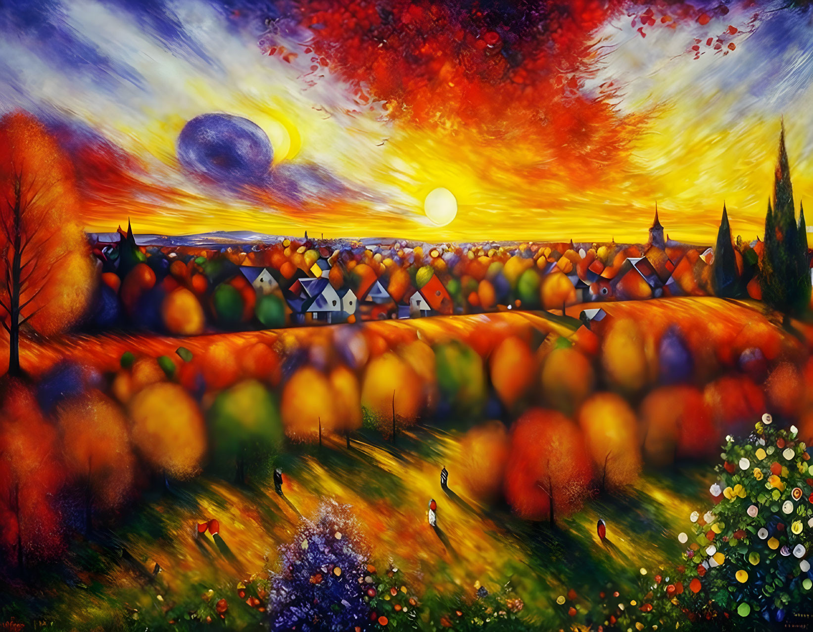 Colorful painting of whimsical landscape with fiery skies, two moons, rolling hills, village, autumn