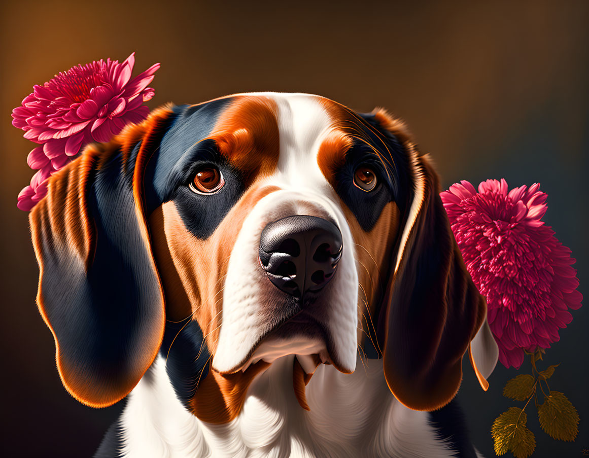 Tricolor beagle with flowers: solemn gaze and vivid colors