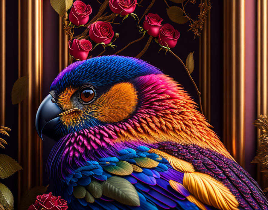 Colorful Parrot and Roses Illustration on Dark Background