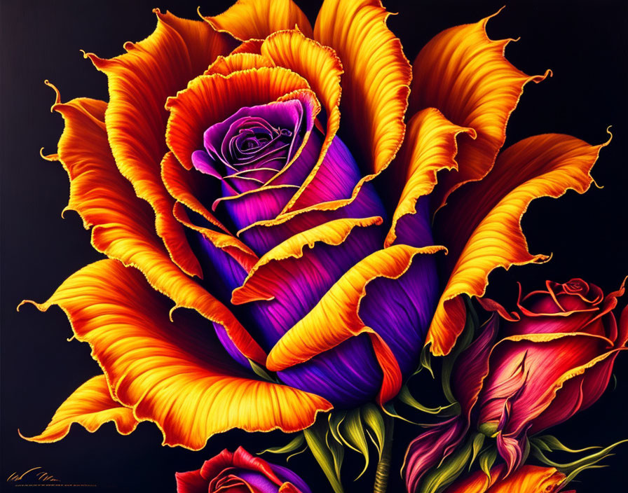 Colorful digital painting of gradient roses on dark background