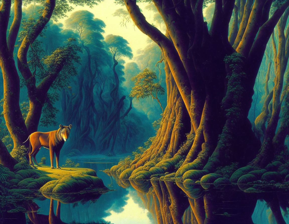 Surreal forest with twisting trees, calm river, and lone horse-like creature