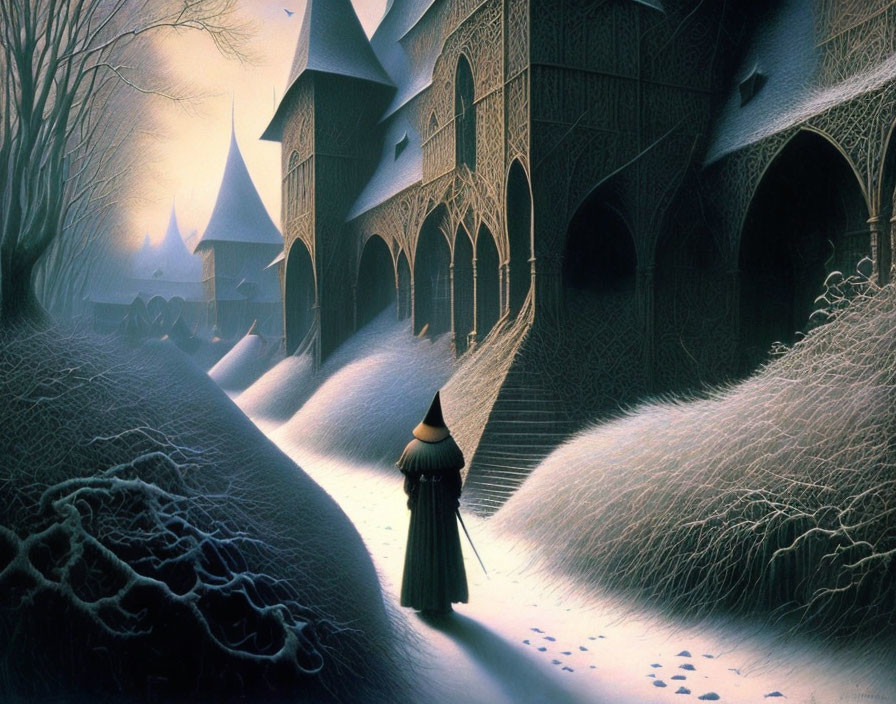 Mysterious figure in cloak approaching gothic castle in snowy night