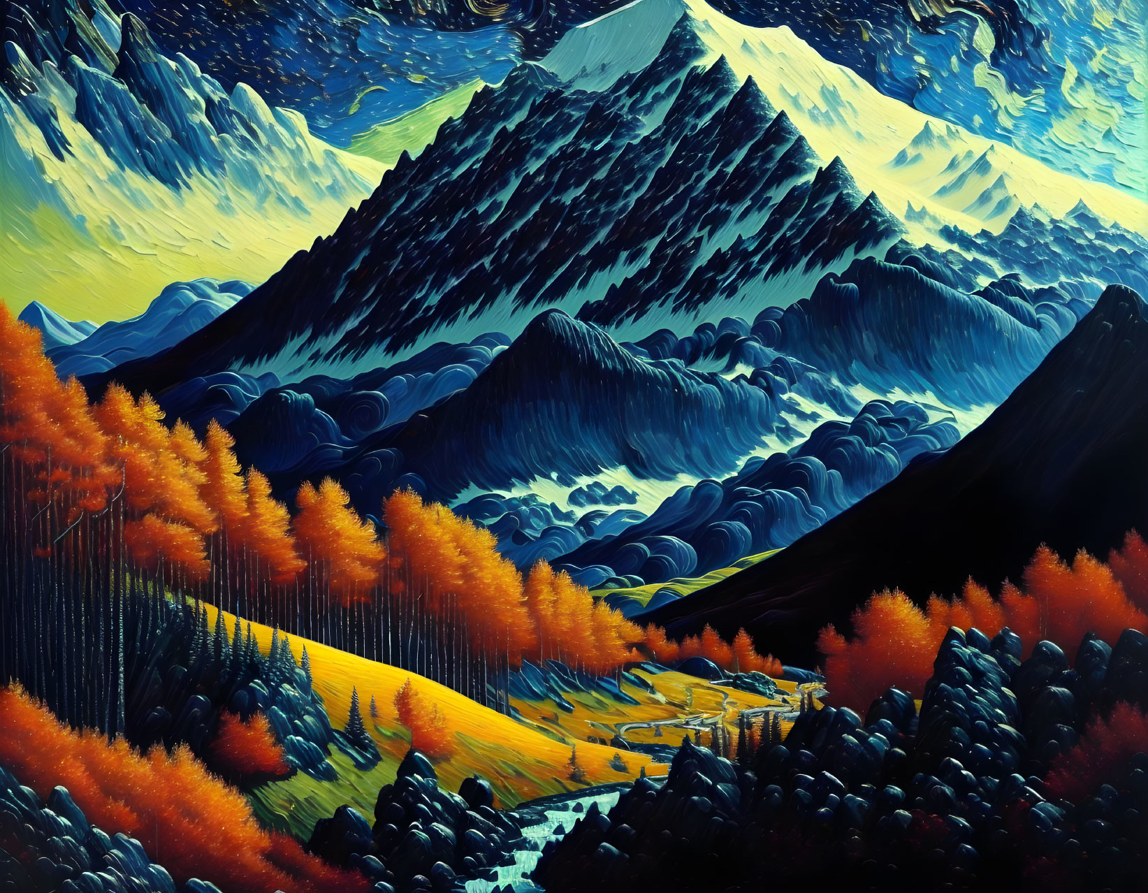 Mountainous Landscape Painting with Blue Skies and Autumnal Trees