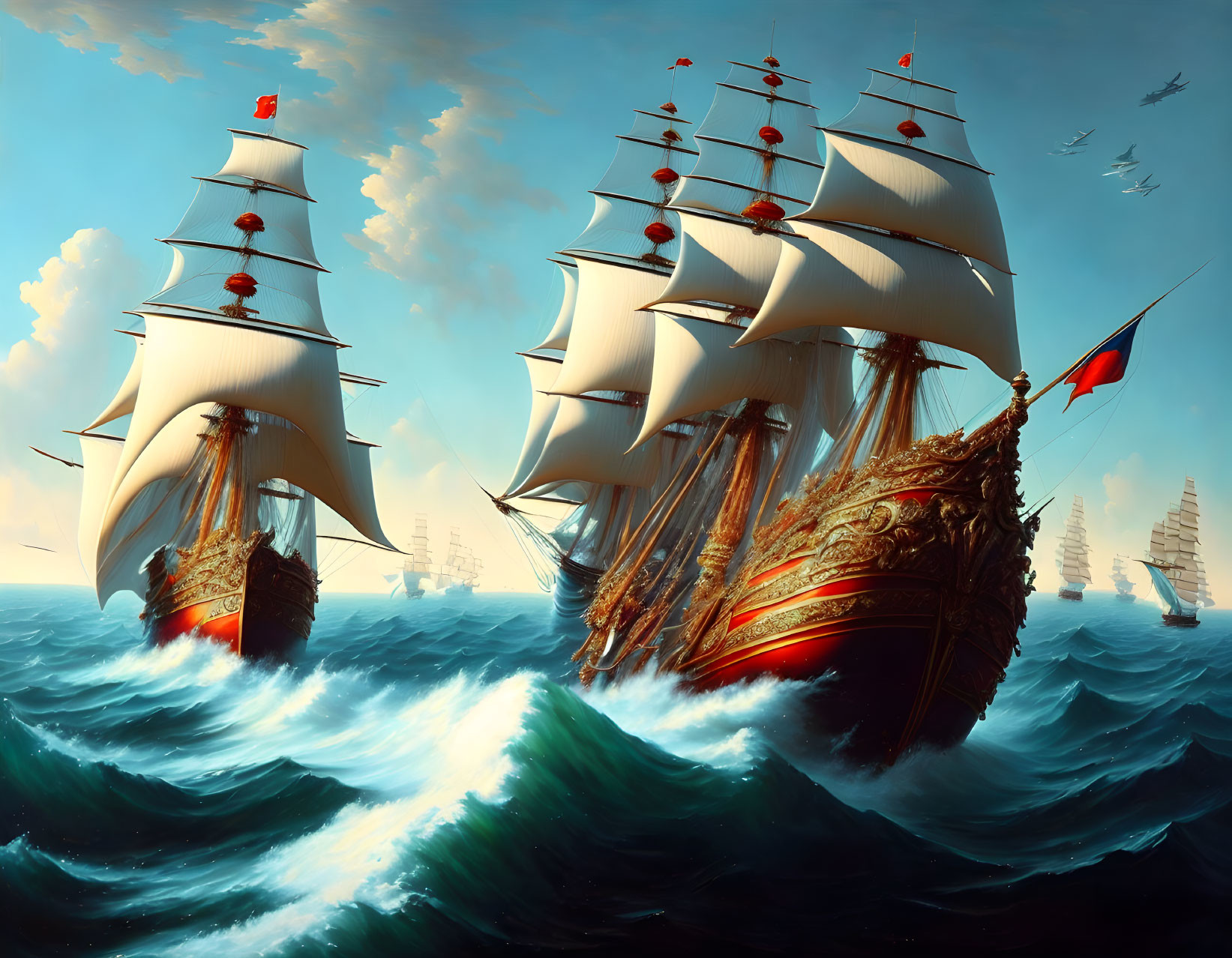 Majestic sailing ships navigate turbulent seas under bird-filled sky