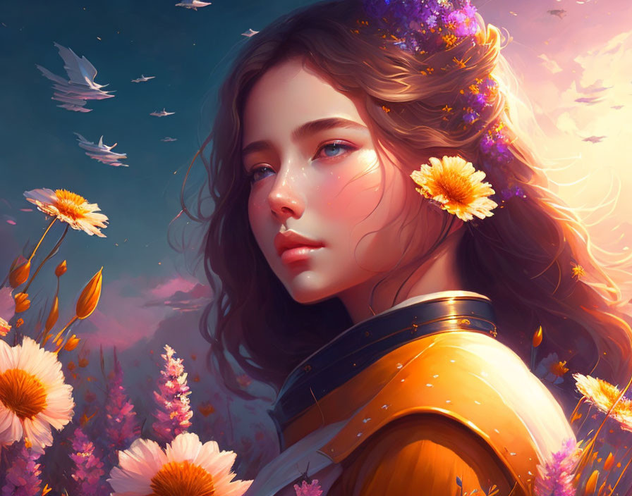 Young woman with flowers in hair gazing at dreamy sky