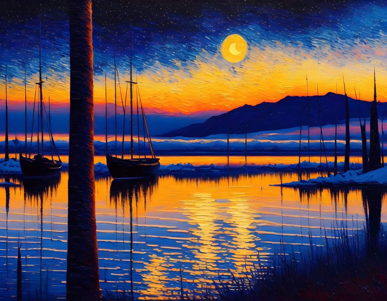 Serene harbor painting with boats, colorful sky, and crescent moon