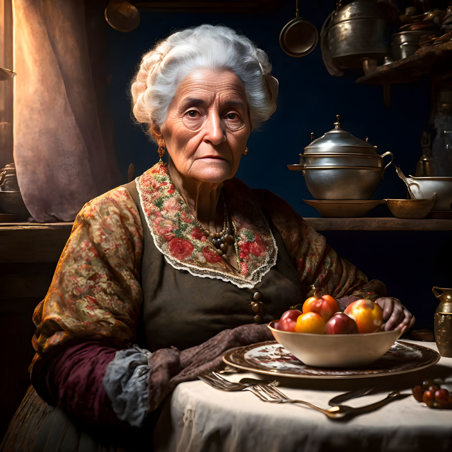 Elderly woman in vintage attire sitting in dimly lit kitchen