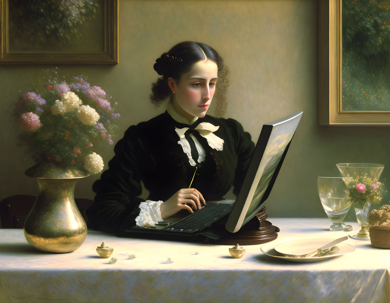 Woman in black dress reading document at table with flowers and tea set