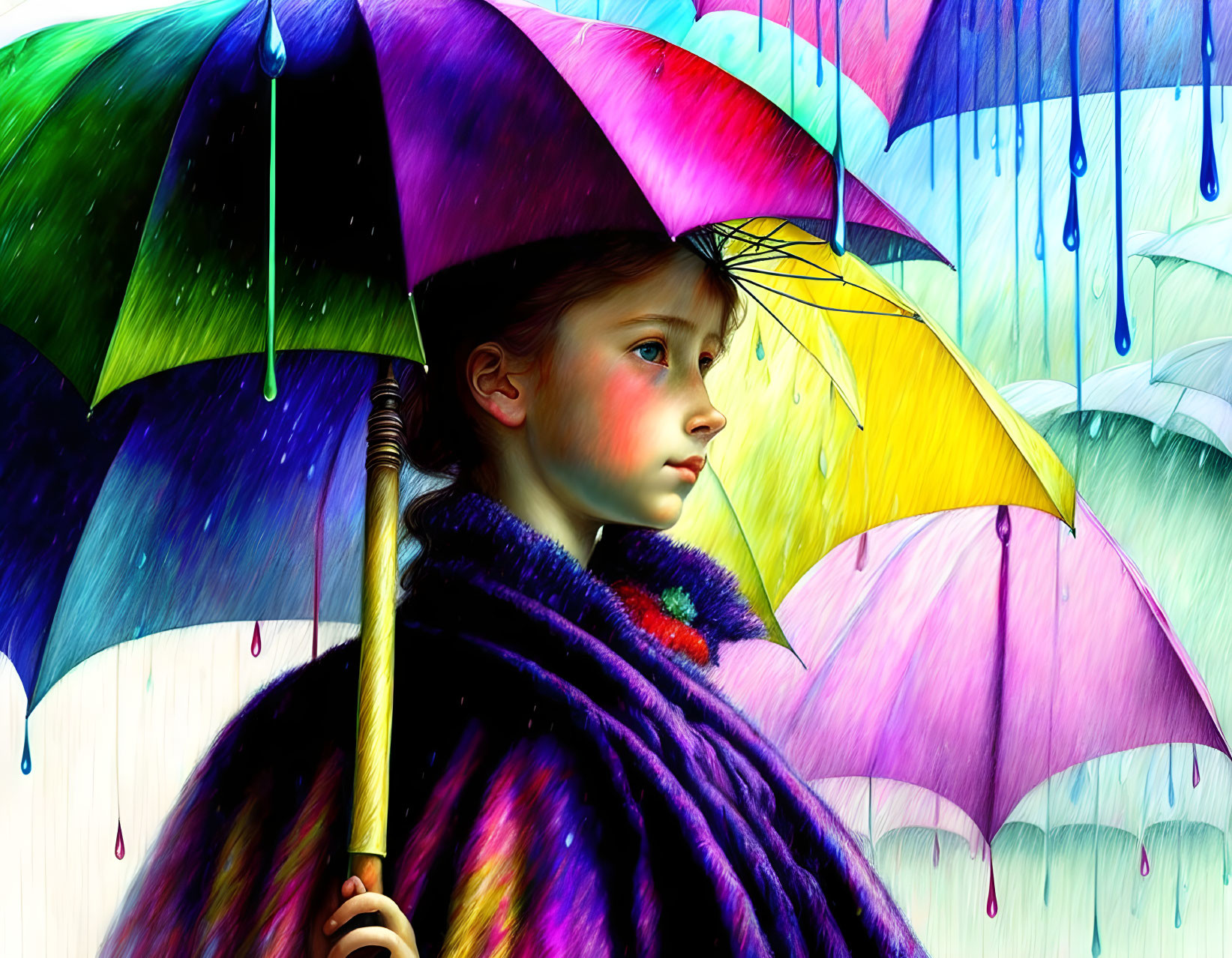 Young girl with multicolored umbrella in contemplative pose amidst vibrant raining umbrellas.