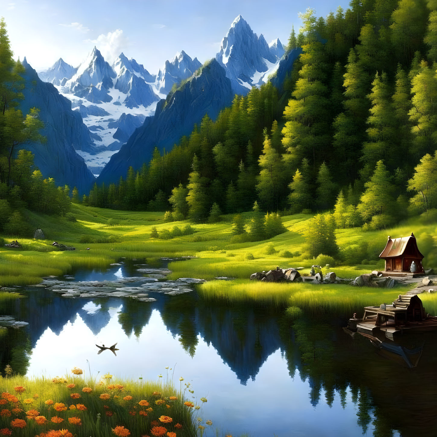 Tranquil landscape with snowy mountains, lake, cabin, forest & cloudy sky