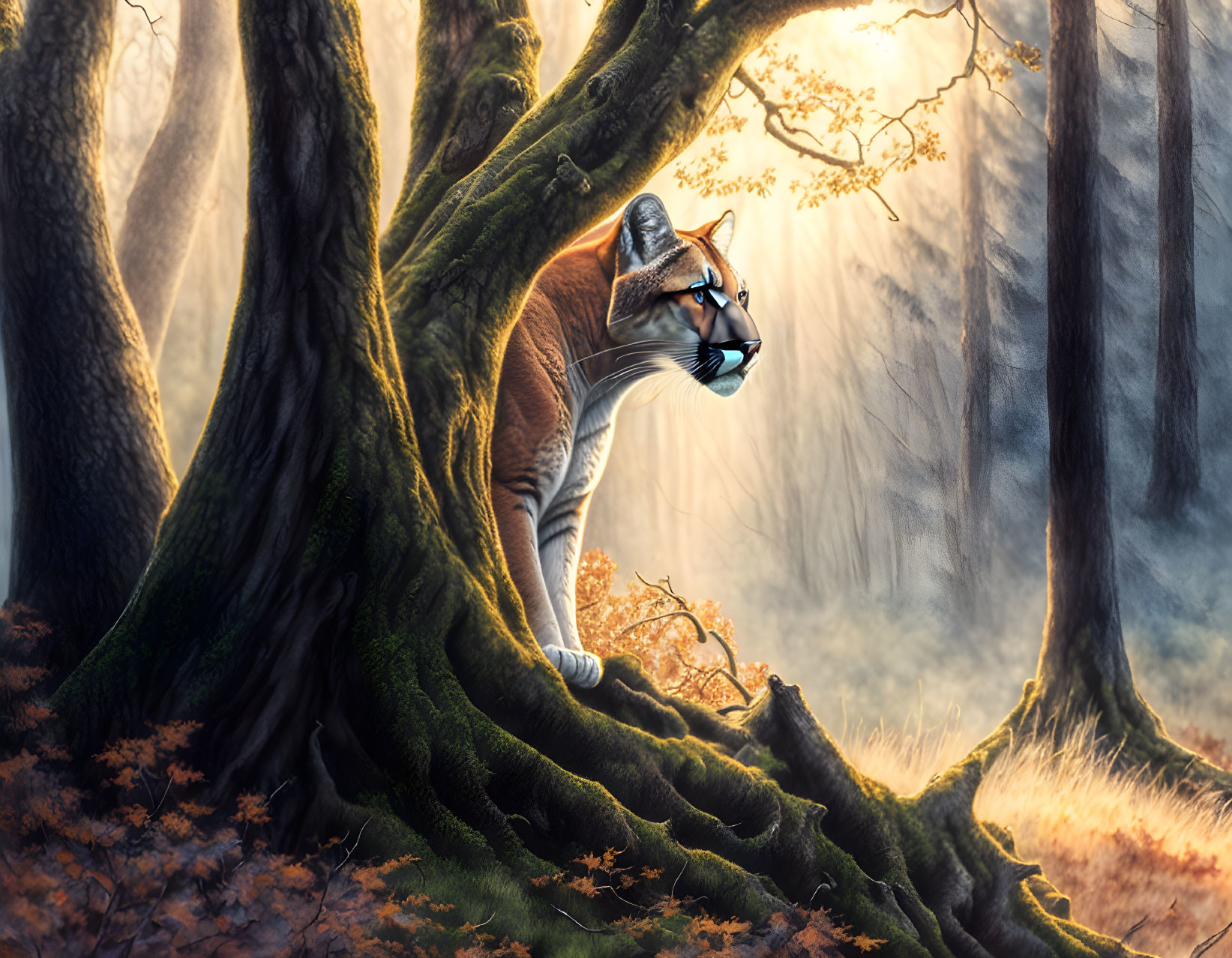 Cougar with glasses in sunlit forest by old tree