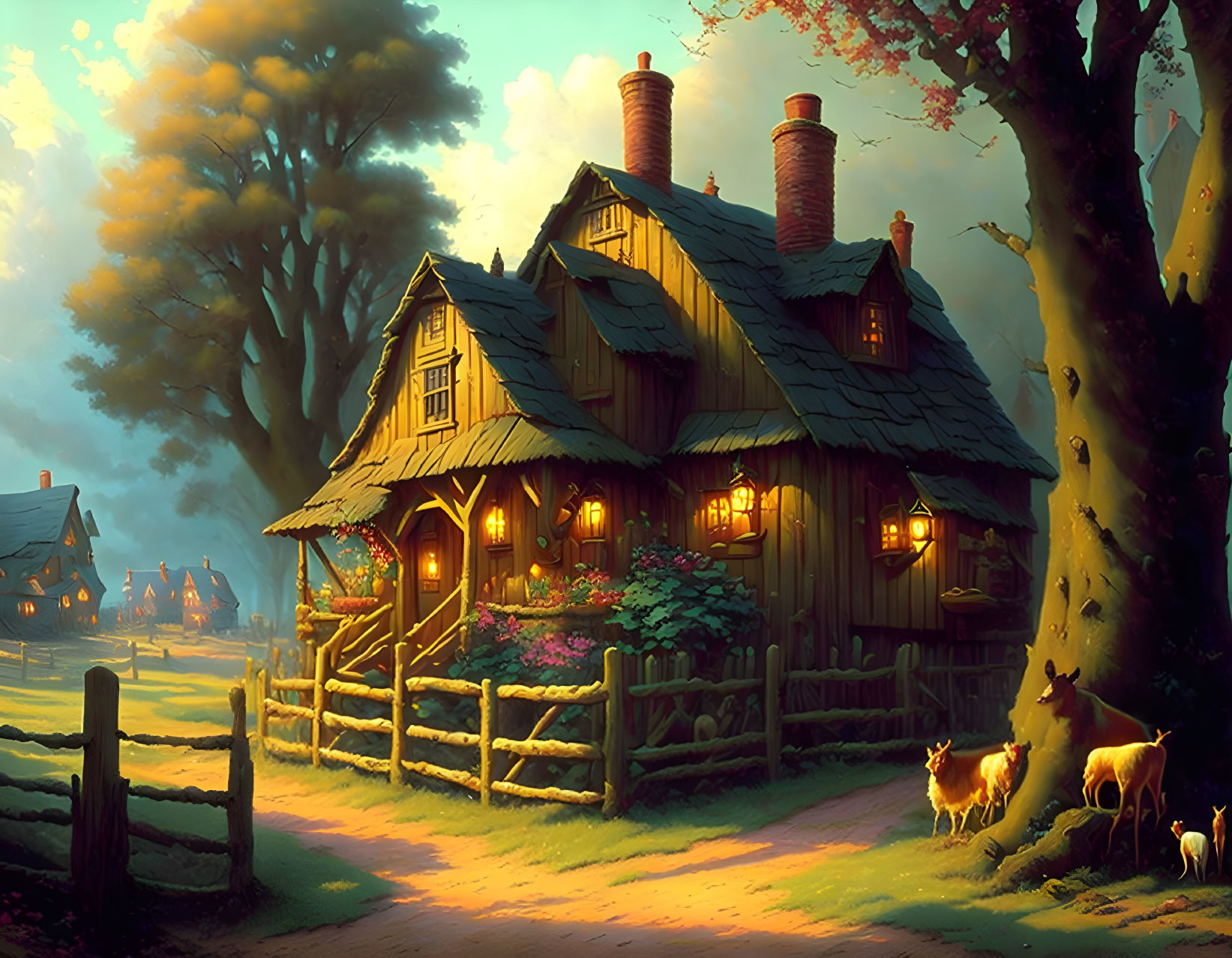 Cozy cottage at dusk with glowing windows, surrounded by lush trees and deer