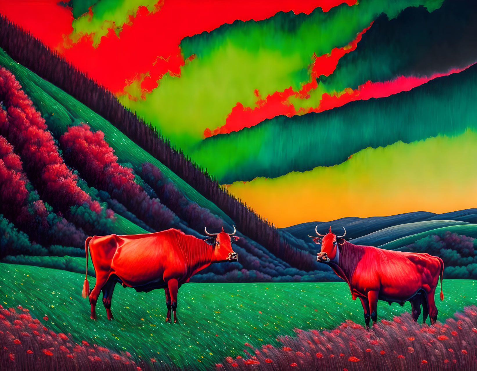 Vibrant red bulls in colorful meadow with green hills & red-green sky