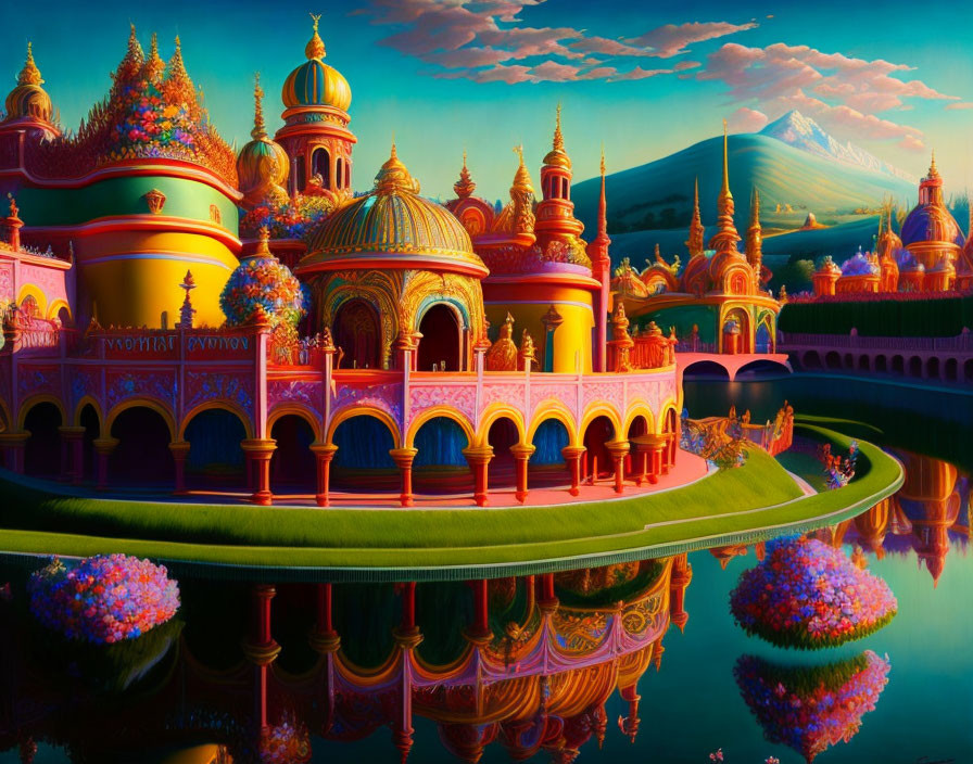 Colorful Fantasy Landscape with Eastern-style Buildings, Gardens, River, and Mountains