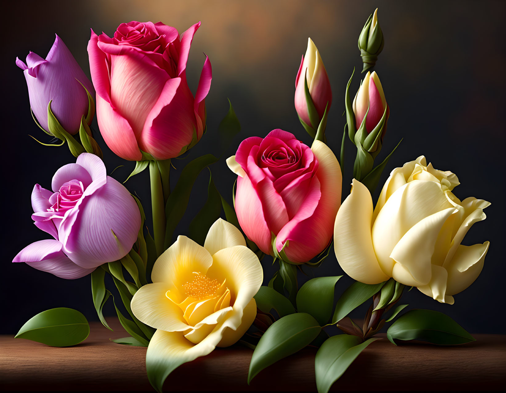 Vibrant array of pink, yellow, and white roses and buds in soft-focus setting