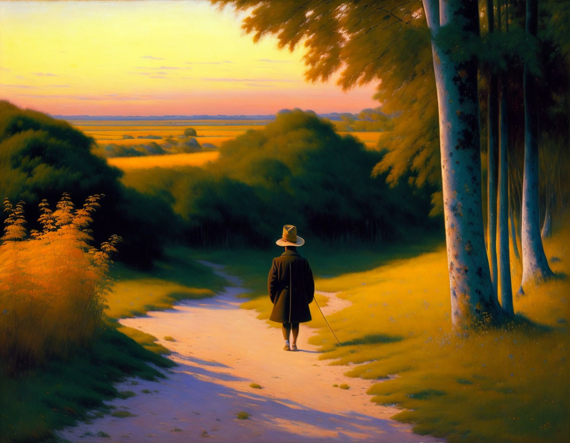 Person in hat and cloak walks on country path at sunset