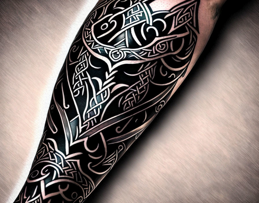 Detailed Black Tribal Forearm Tattoo Design