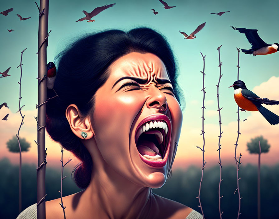 Woman screaming with sound wave ripples, birds, and barren branches at twilight