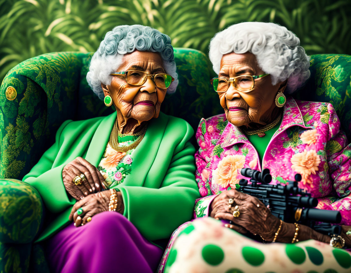 Elderly women in colorful attire with glasses sitting near green plants