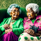 Elderly women in colorful attire with glasses sitting near green plants