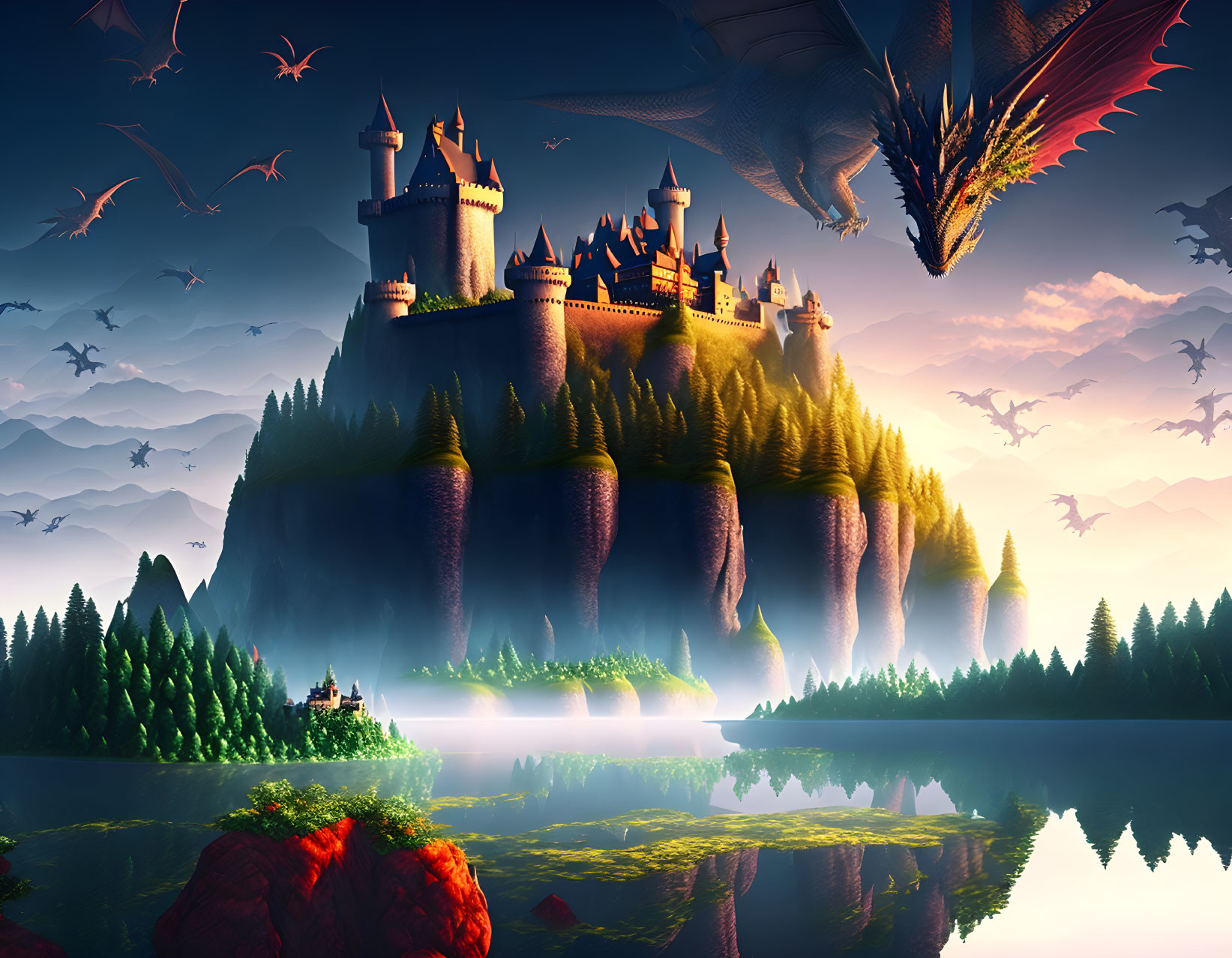 Fantastical landscape with floating castle, soaring dragons, and serene lake