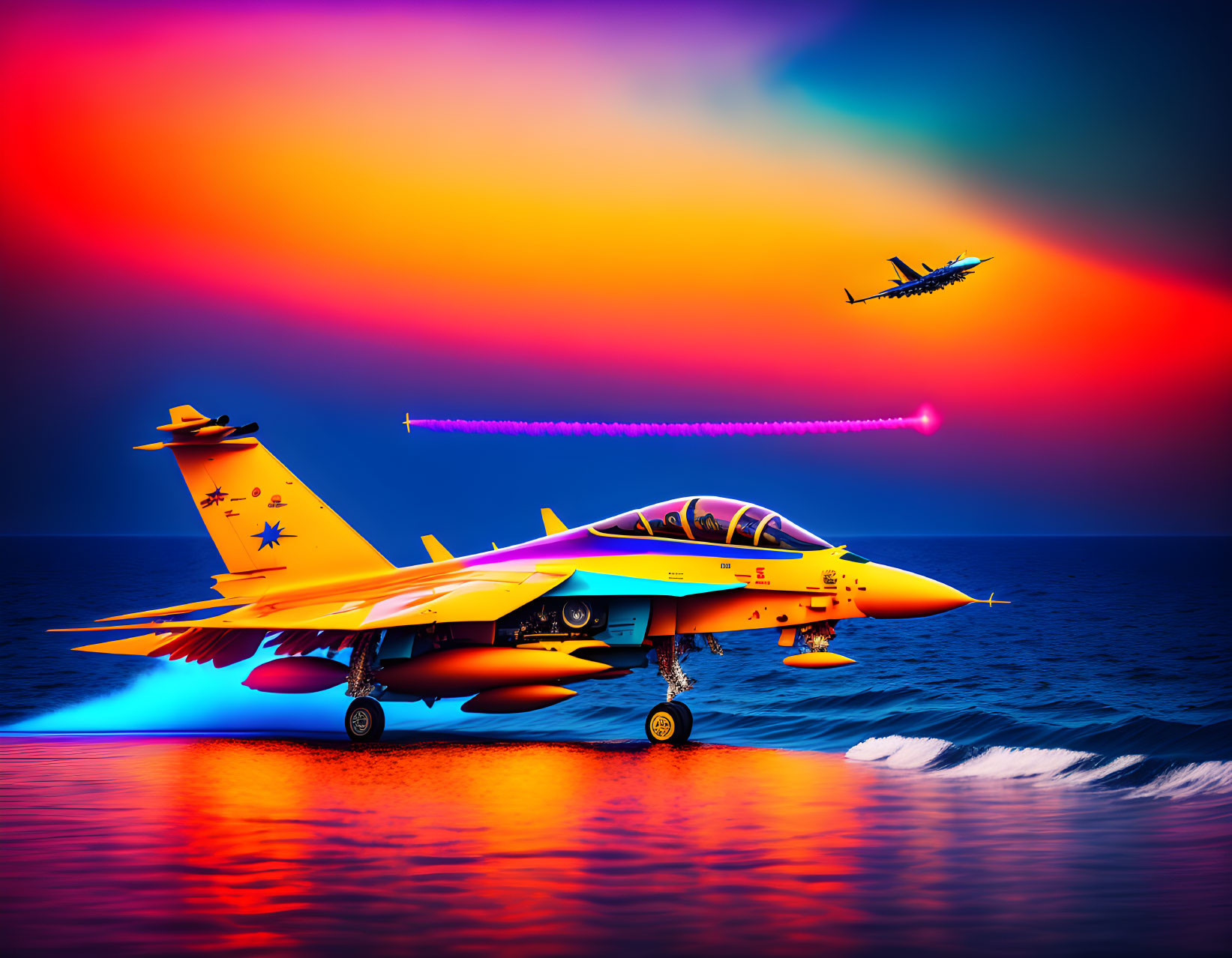 Colorful fighter jet digital artwork on water with jets flying overhead