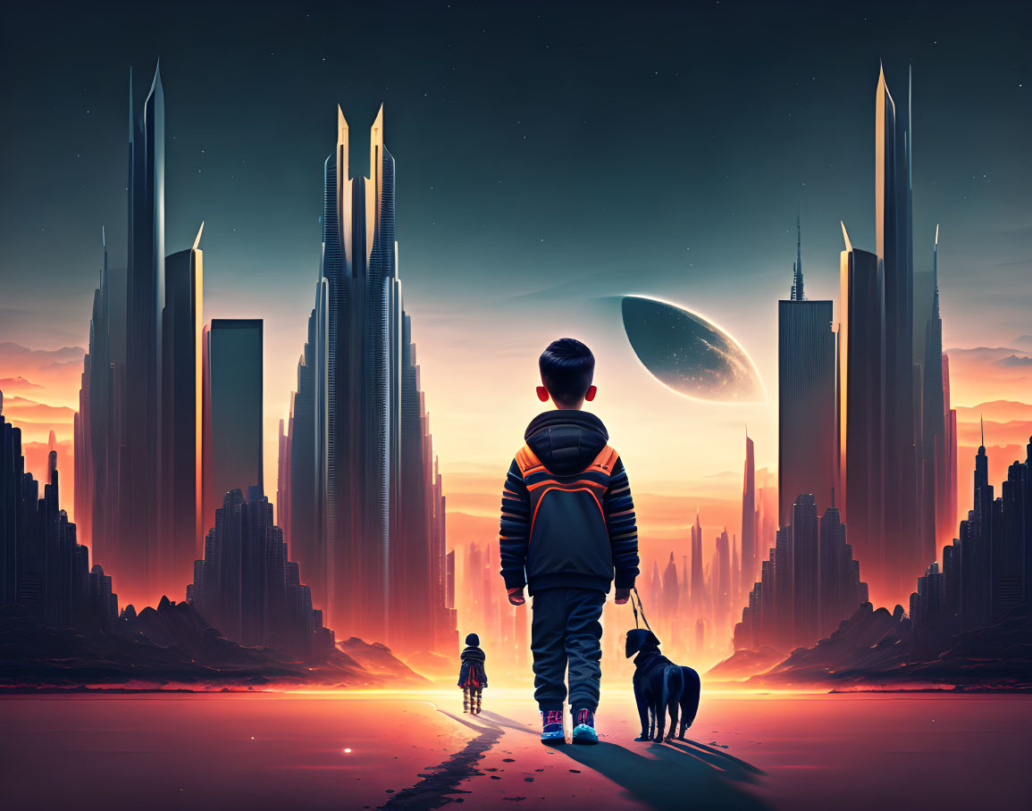 Child with backpack and dog gazes at futuristic cityscape under alien sunset.