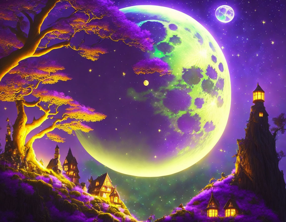 Fantasy landscape with green moon, stars, purple trees, houses, lighthouse