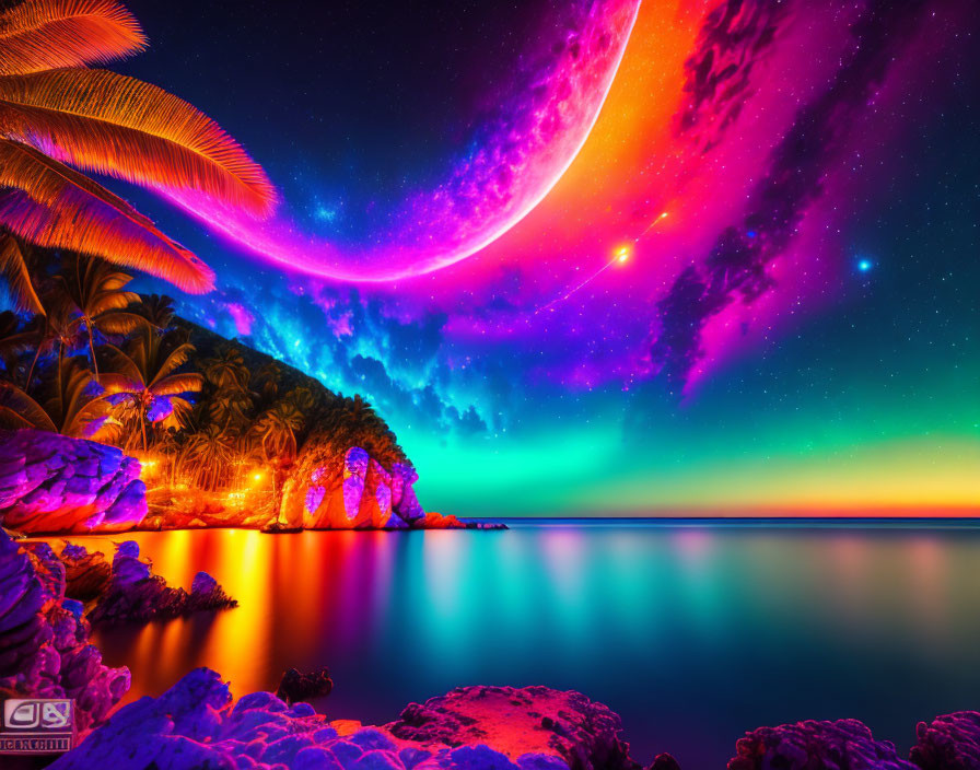 Surreal beachscape at night with crescent moon and neon reflections