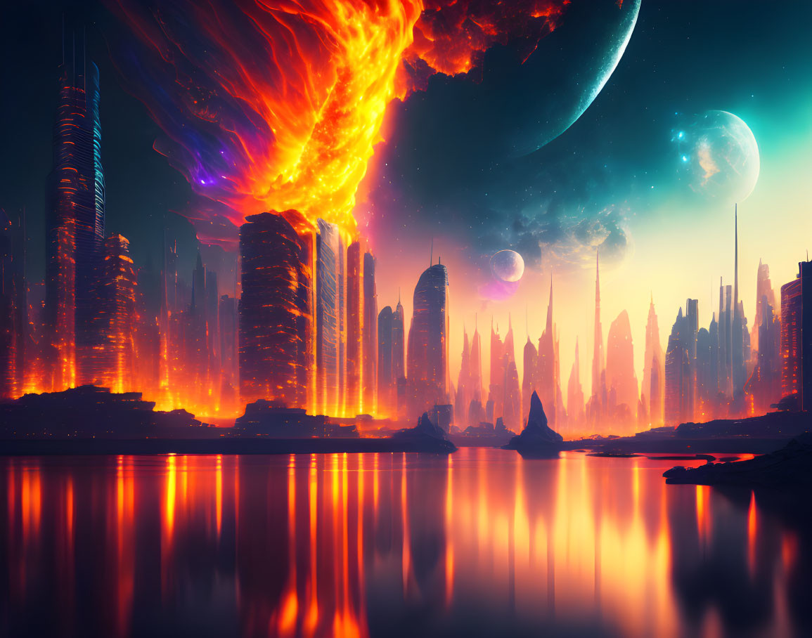 Futuristic cityscape with fiery sky and colossal planets reflected on water