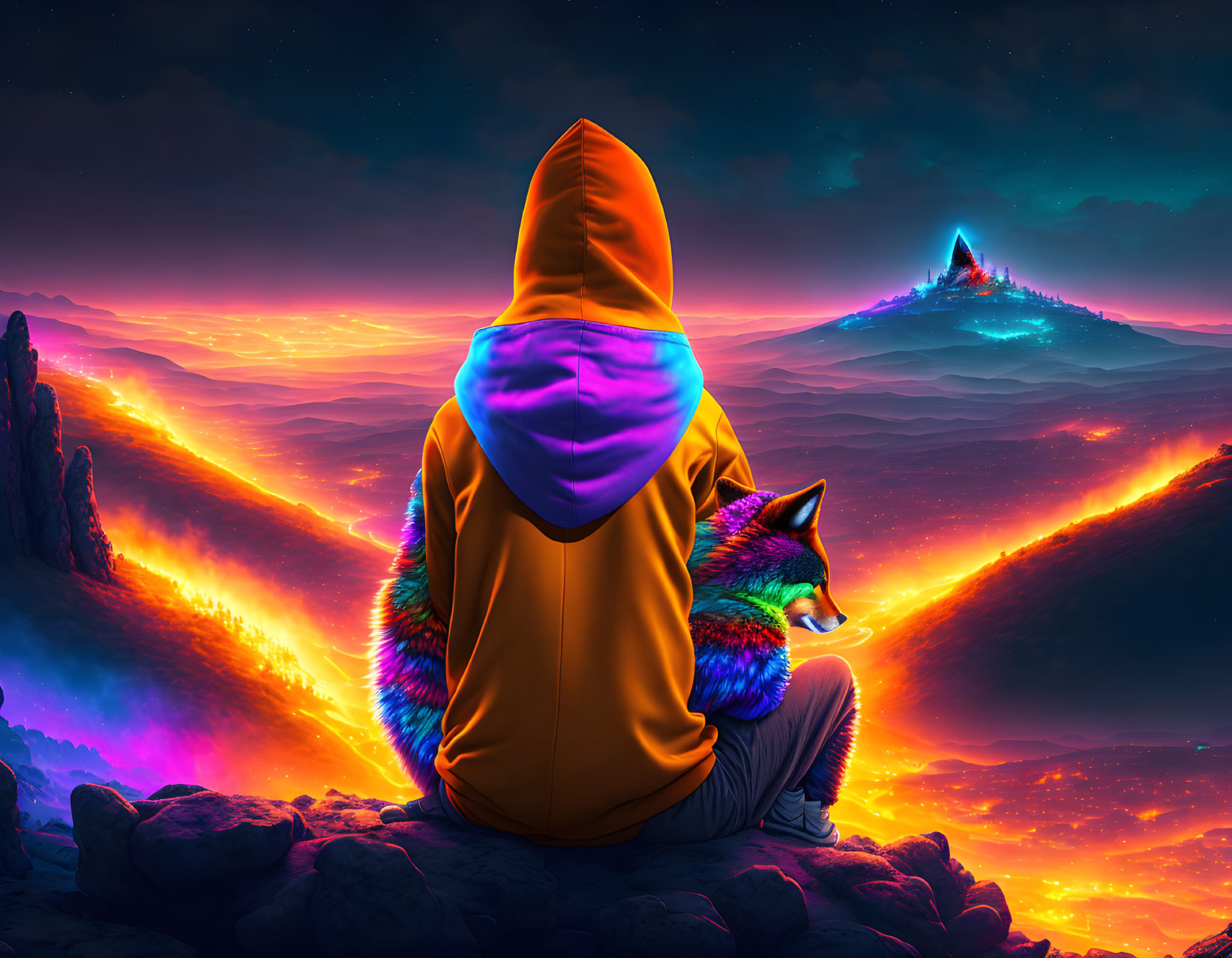 Hooded figure with multicolored wolf by lava river under starry sky