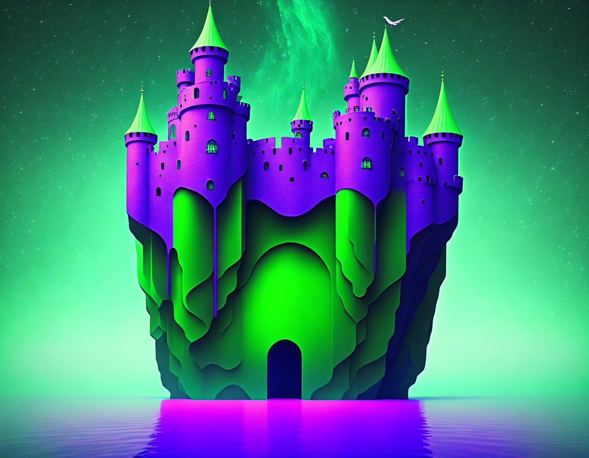 Purple castle on cliff under starry sky with aurora borealis by magenta lake