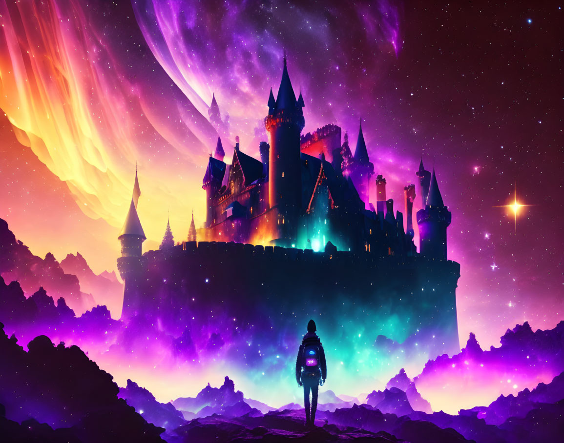 Person gazes at vibrant floating castle in cosmic sky