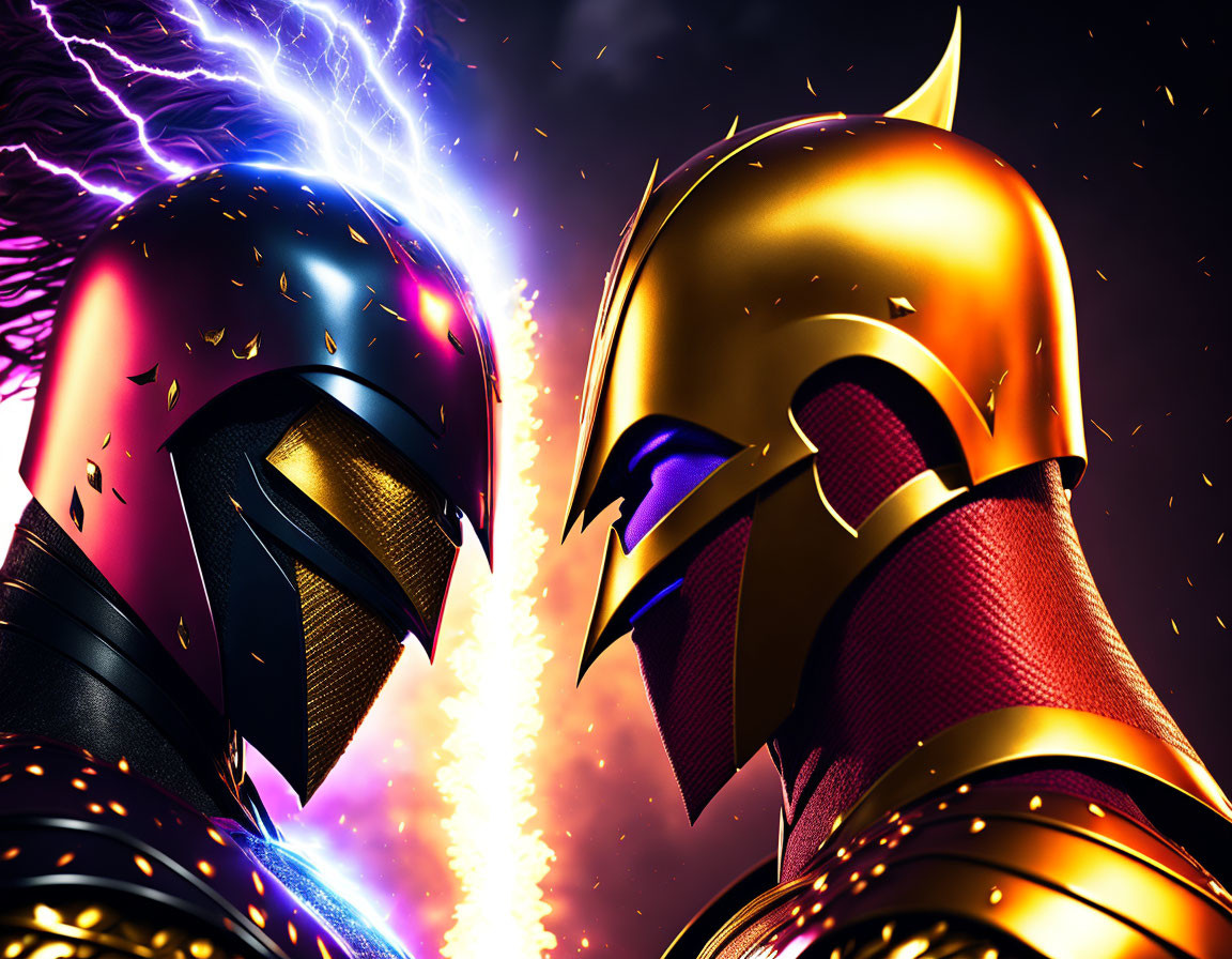 Armored superheroes clash with energy beams under vibrant night sky