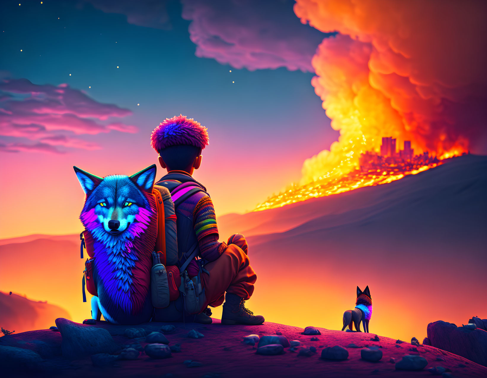 Person with backpack and blue wolf watching volcanic eruption near city under pink and orange sky