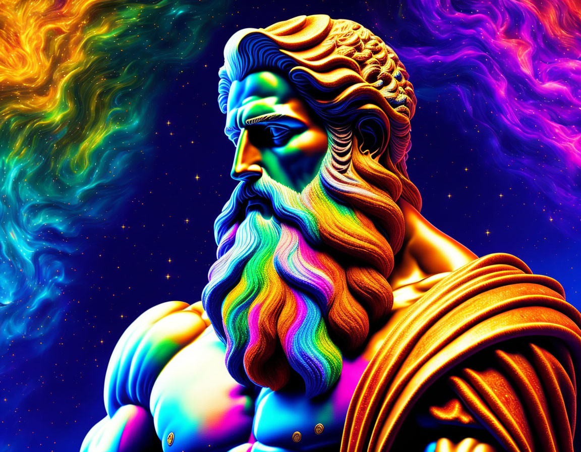 Colorful digital art of a Greek god-like figure against cosmic backdrop