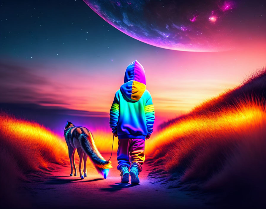 Colorful Hoodie Person Walking Dog Among Glowing Dunes and Starry Sky