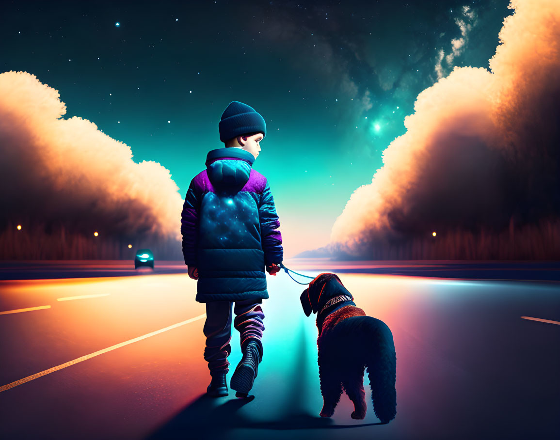 Boy and dog walking at night under starry sky with car headlights