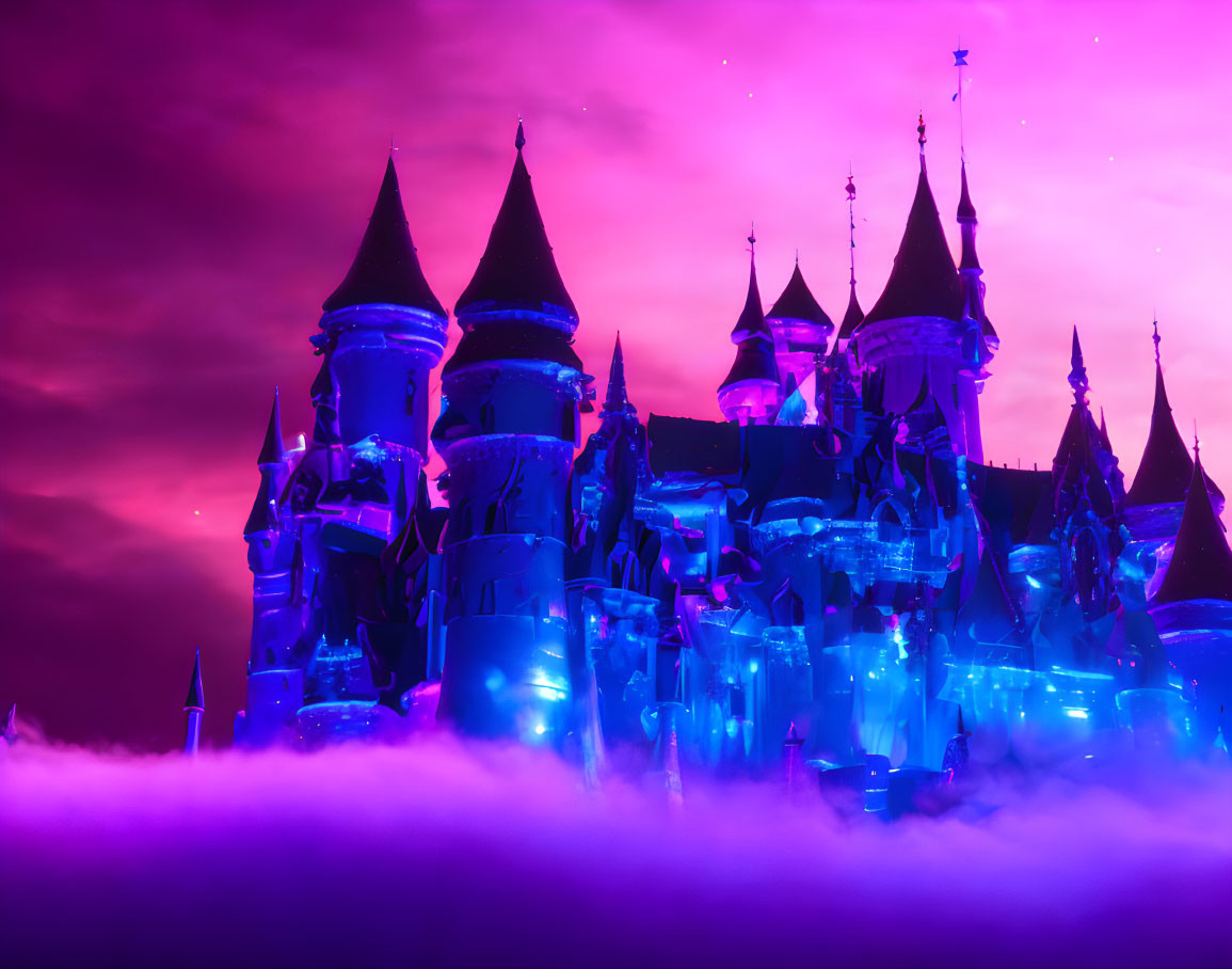 Majestic fairy-tale castle in purple and pink glow above dreamy clouds