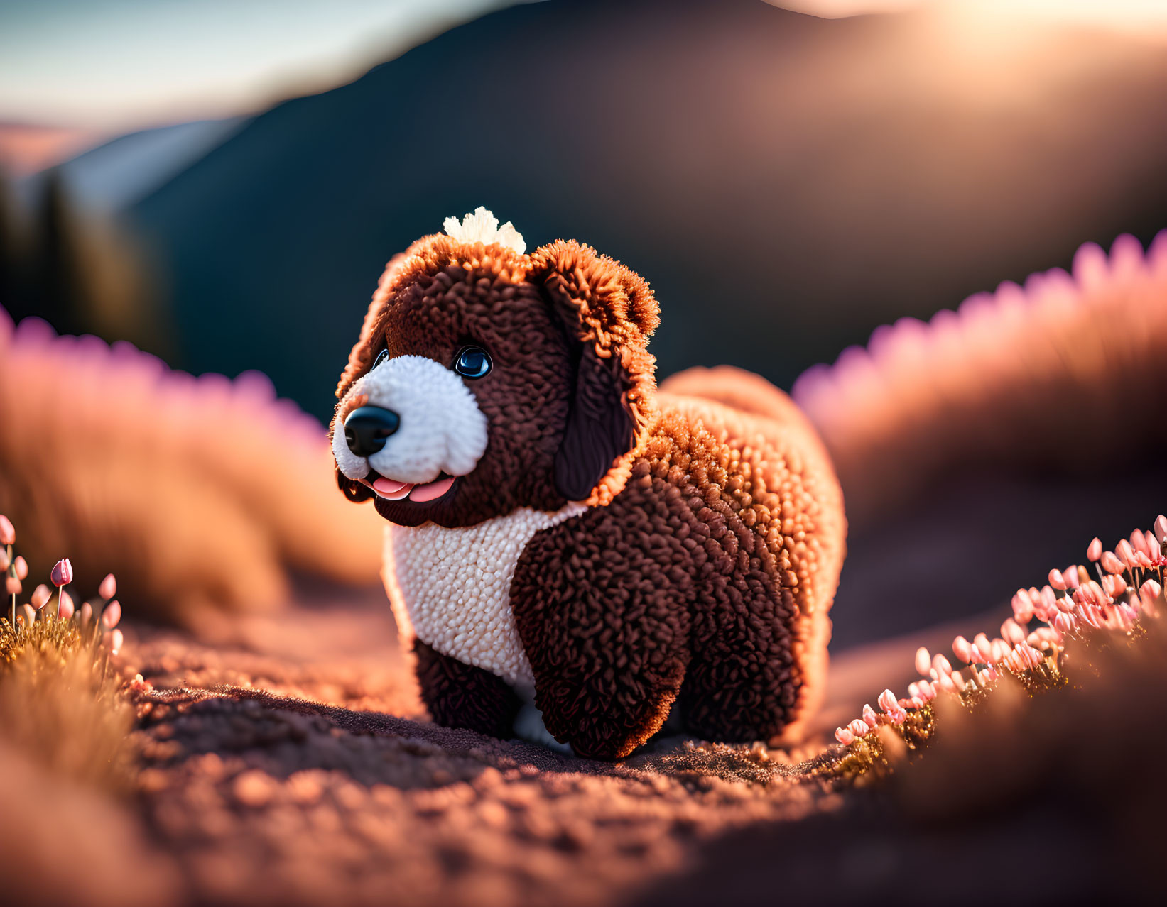 Bear plush toy in sunset glow among pink flowers and mountains