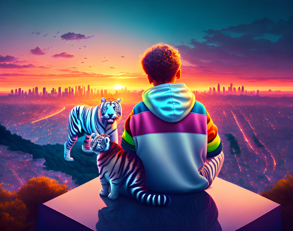 Person in Colorful Hoodie with Two Tigers Watching Vibrant Sunset over Cityscape