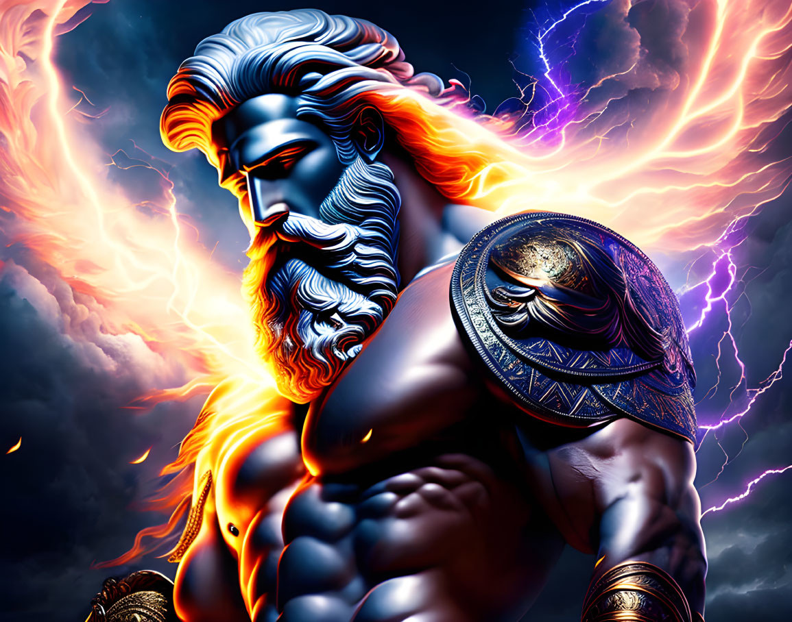 Muscular bearded male with shield in lightning backdrop