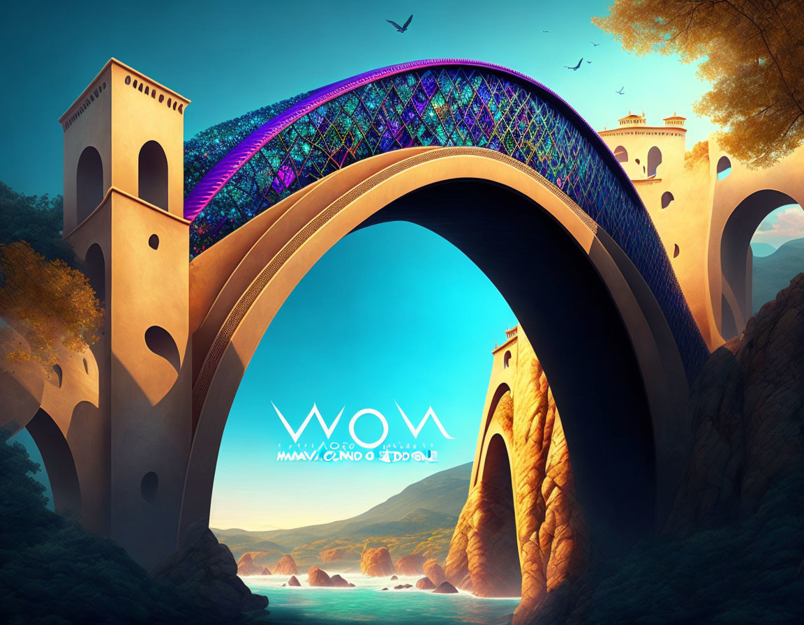 Fantastical digitally-created arched bridge in scenic landscape